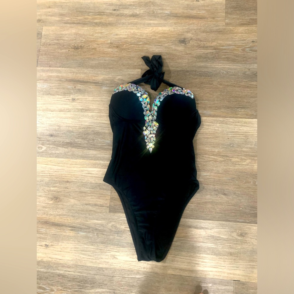 Stunning jeweled  black one-piece swimsuit